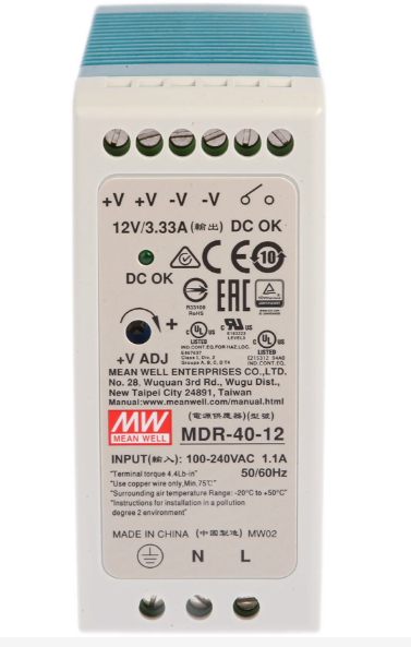 RS MDR-40-12 Napájací zdroj na lištu DIN 40W, počet výstupov- prepínací režim 3.33A, výstup 12V DC